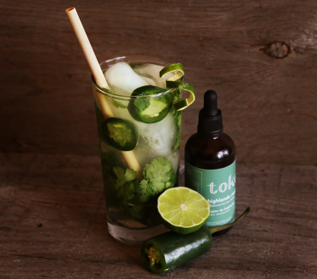 Cilantro Jalapeño Mojito mocktail with Token highlands mojito bitters, lemon and jalapeno
