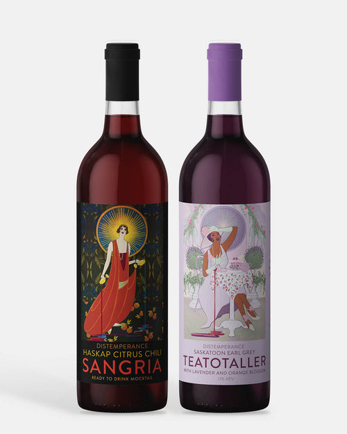 Close-up of Distemperance Haskap Citrus Chili Sangria and Saskatoon Earl Grey Teatotaller labels, 0% ABV