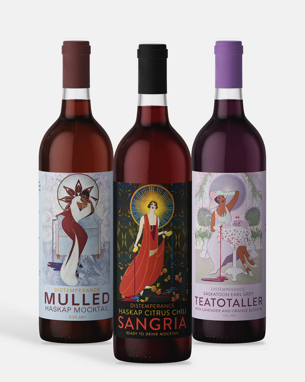 Close-up of the three Distemperance labels: Mulled, Sangria and Teatotaller