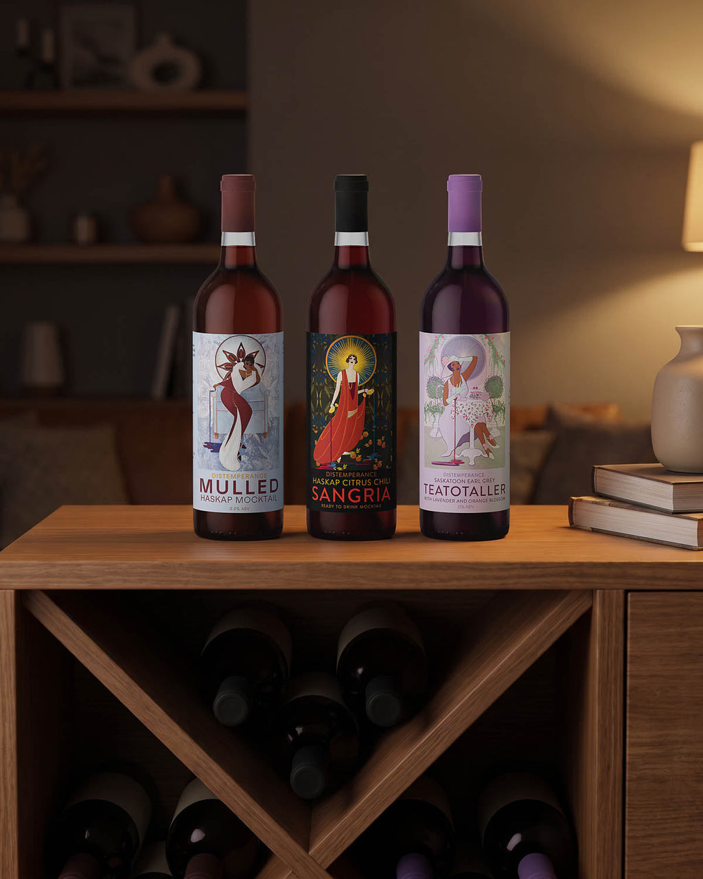 Three Token mocktail bottles on a sideboard above a wine rack