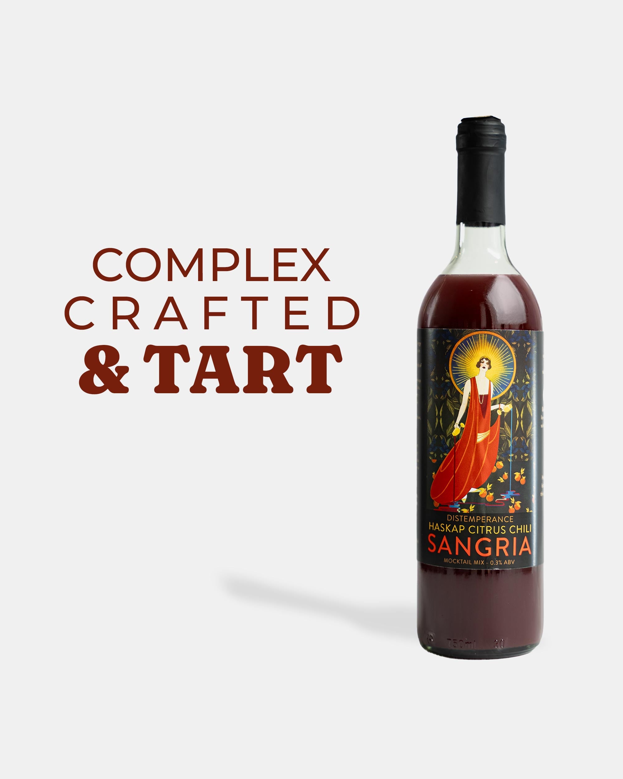 Haskap Citrus Chili Sangria bottle with the line: complex, crafted and tart